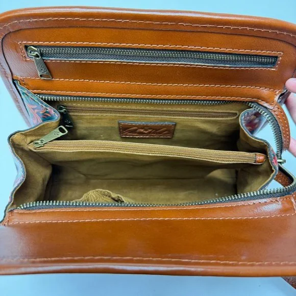 Patricia Nash Zip Close Expandable Floral Smooth Leather Tote Brown Orange Green - Picture 6 of 9